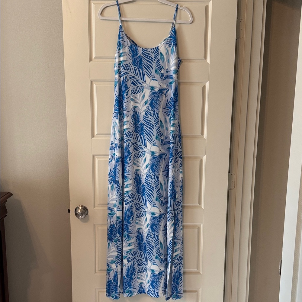Elegant Blue Leaf Print Backless Dress